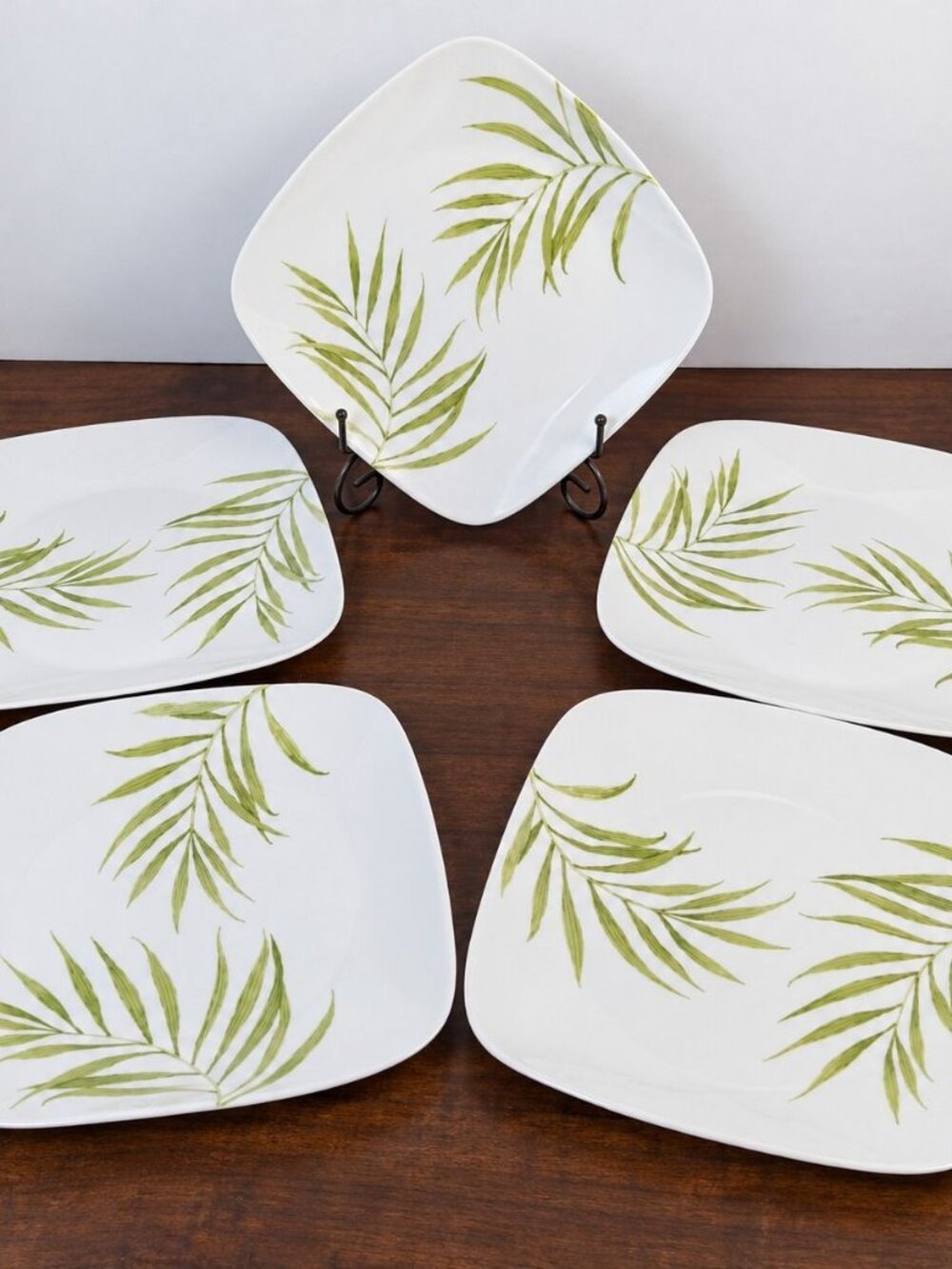 Corelle Bamboo Leaf 10.5" Square Dinner Plates Set of 5 Green White